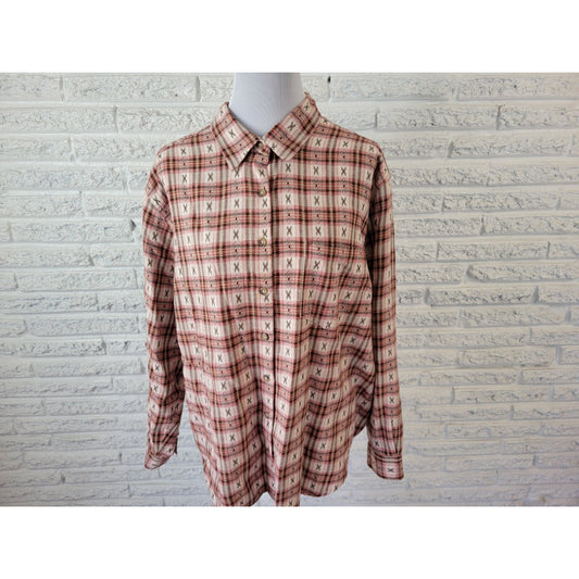 CST Sport Womens Shirt 2X Plus Long Sleeve Red Brown Plaid Cotton Button Up