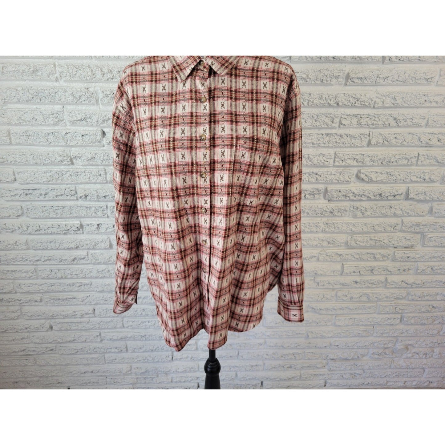 CST Sport Womens Shirt 2X Plus Long Sleeve Red Brown Plaid Cotton Button Up