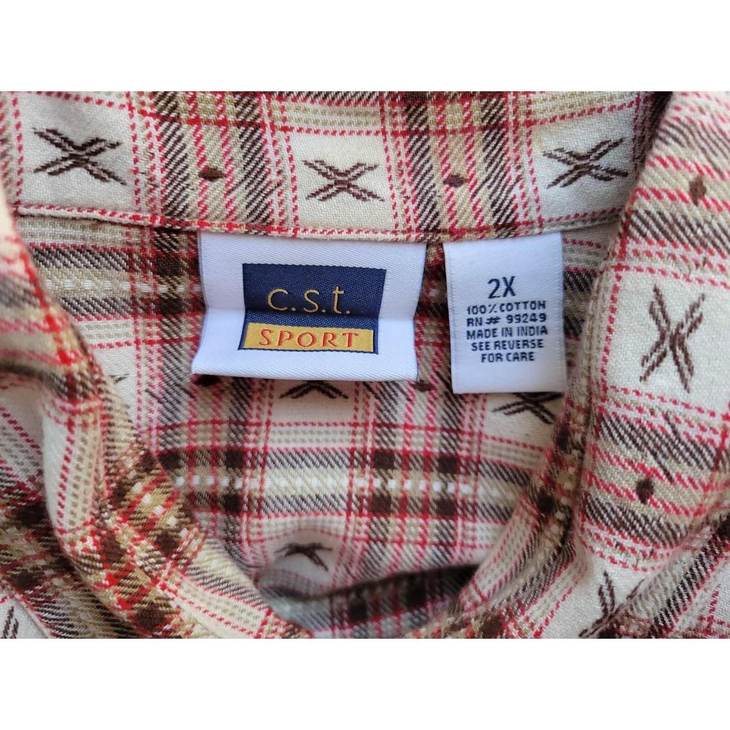 CST Sport Womens Shirt 2X Plus Long Sleeve Red Brown Plaid Cotton Button Up