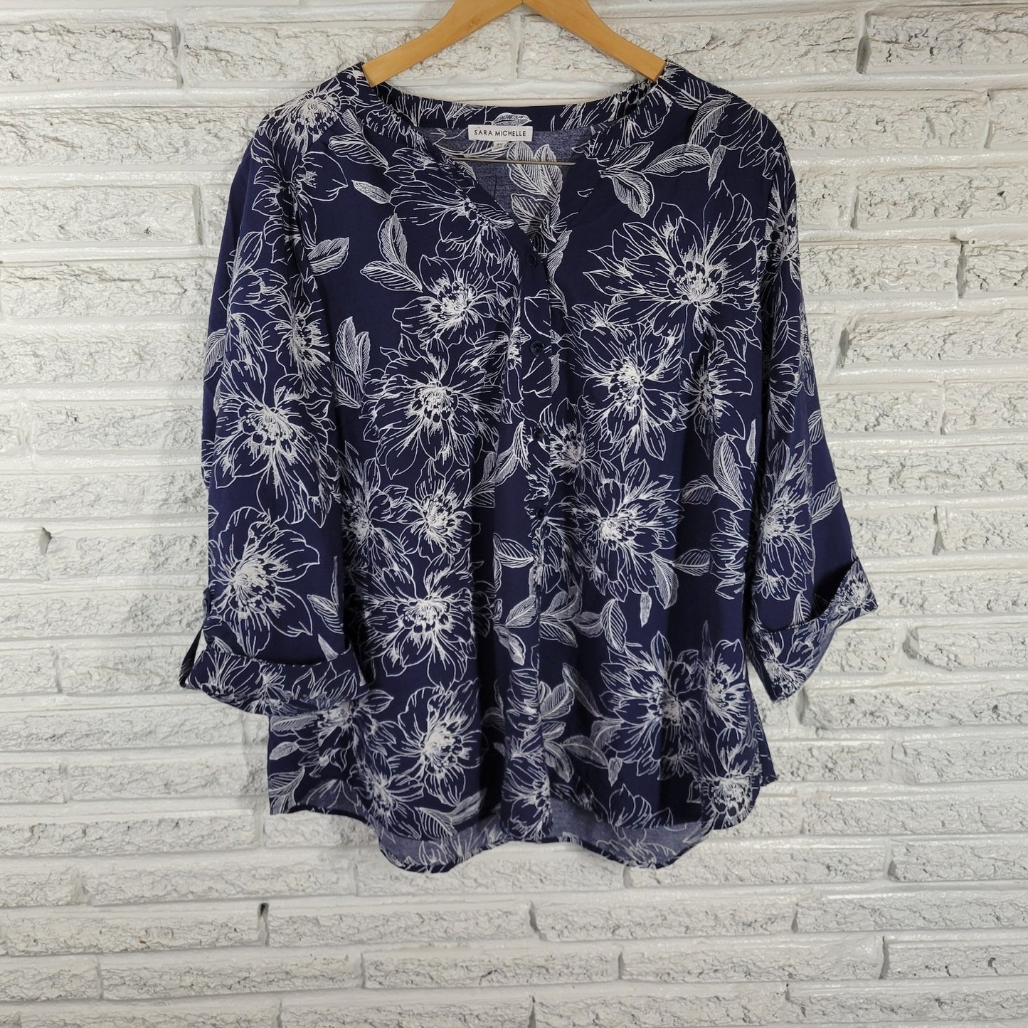 Sara Michelle Womens Plus Size 3X Blue White Floral Top Blouse 3/4 Sleeve Button
