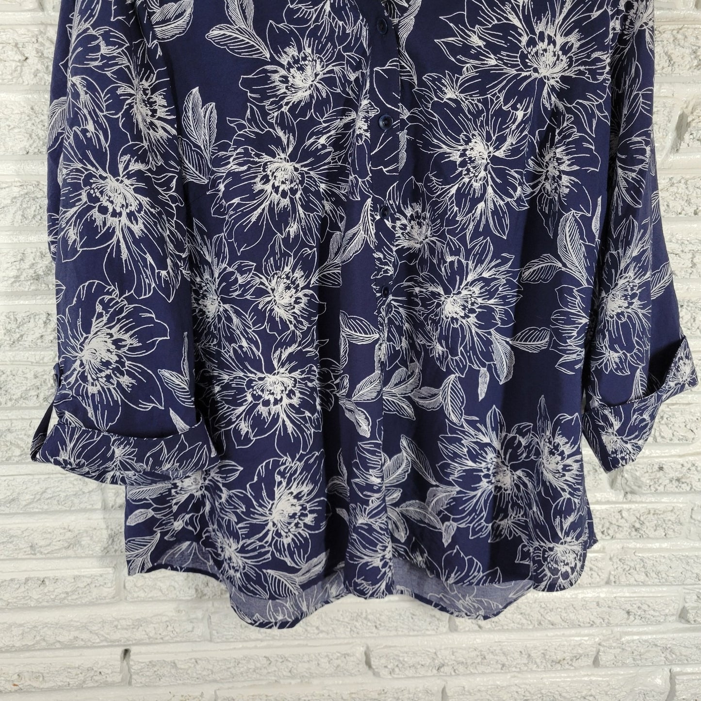 Sara Michelle Womens Plus Size 3X Blue White Floral Top Blouse 3/4 Sleeve Button