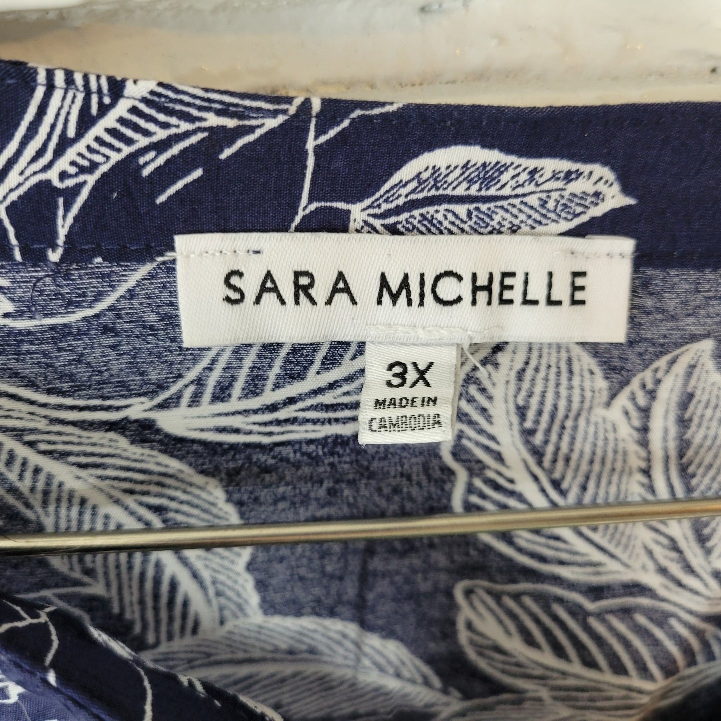 Sara Michelle Womens Plus Size 3X Blue White Floral Top Blouse 3/4 Sleeve Button