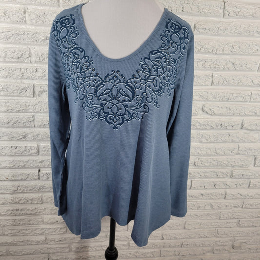 Live Let Live Womens Top XL Waffle Knit Blue Asymmetric Studded Comfy Casual
