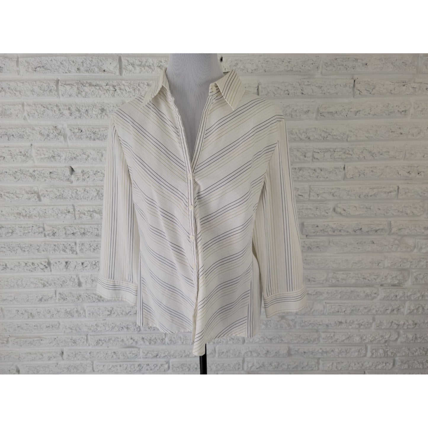 Worthington Women Top 18 Plus Button Up Collar Easy Care White Stripe Career