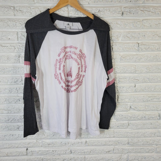 Walt Disney World Womens Top 2X Plus Tee Hoodie Raglan Sleeve Gray Faded Look