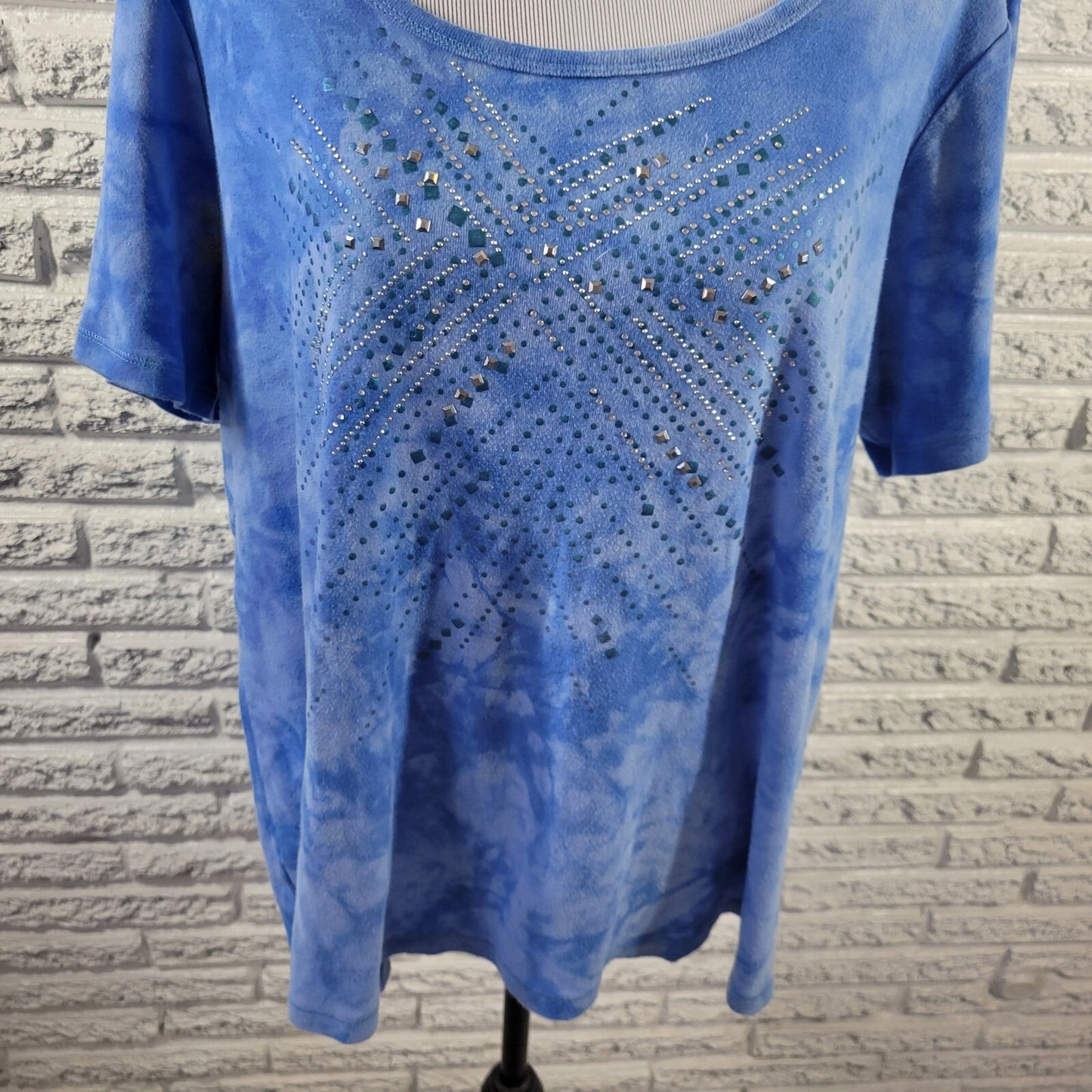 Avenue Womens Top 18 20 Plus Tee Short Sleeve Blue Tie Dye Studded Comfy Cotton
