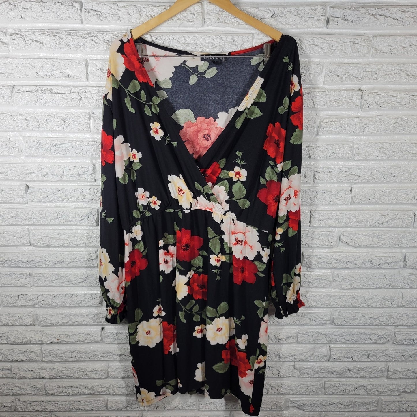 Derek Heart Women Dress 3X Plus Black Red Floral Long Sleeve Office Casual Comfy