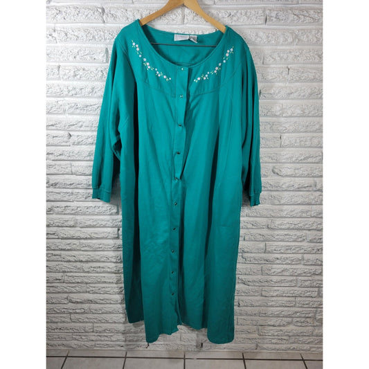 Comfort Choice Women Robe 3X Plus Long Sleeve Green Snap Up Embroider Loungewear