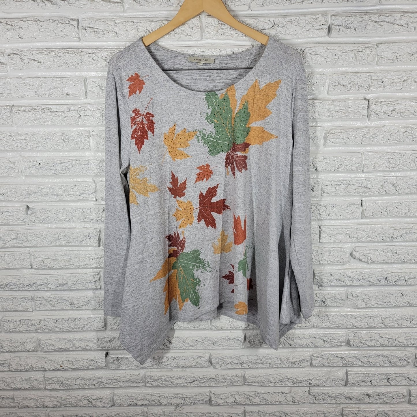 Astrologie Womens Top XL Autumn Leaves Gray Asymmetric Rhinestones Soft Comfy