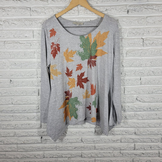 Astrologie Womens Top XL Autumn Leaves Gray Asymmetric Rhinestones Soft Comfy