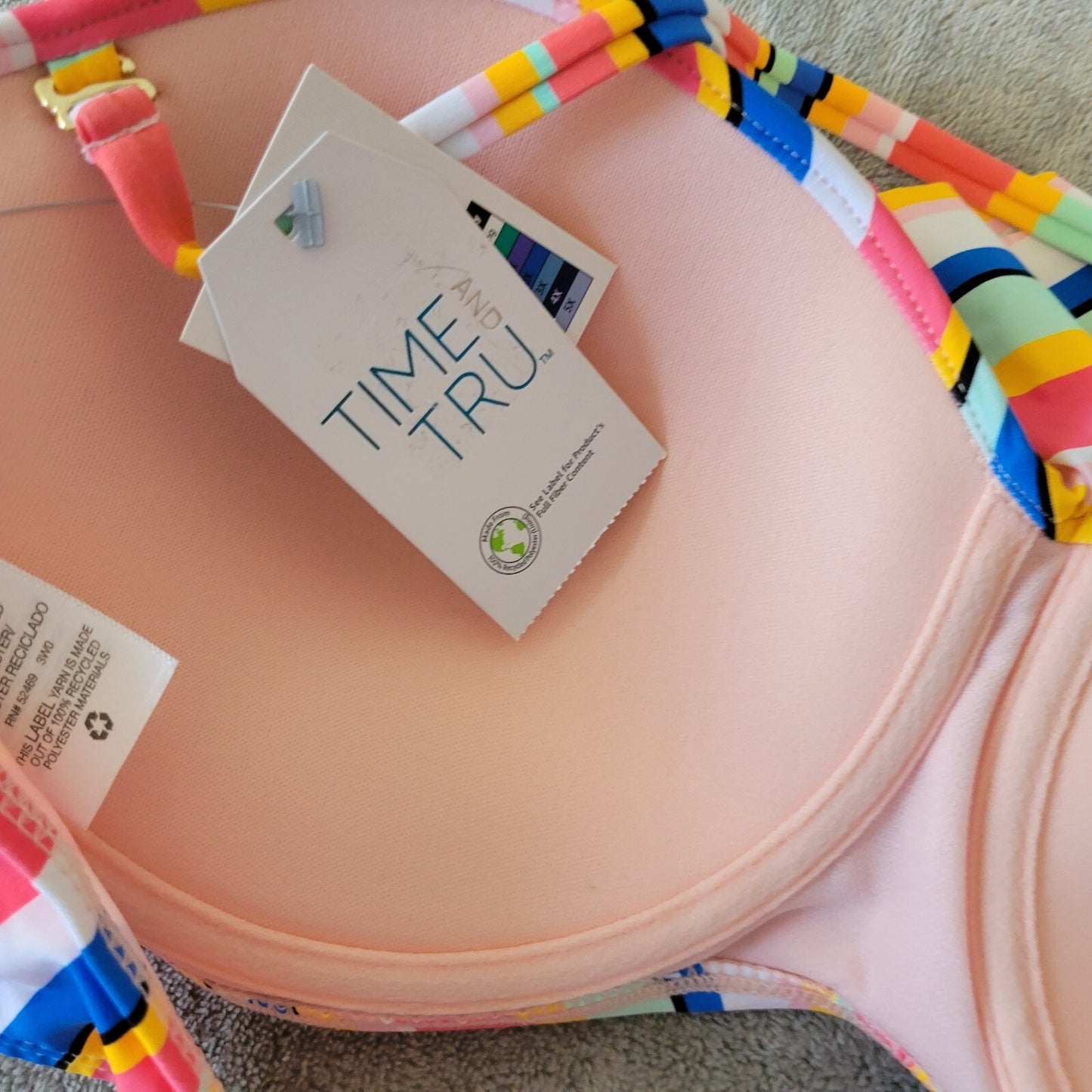 Time Tru Womens Bikini Top XL 16 18 Blue Pink Stripe Ruffle Bra Lightweight