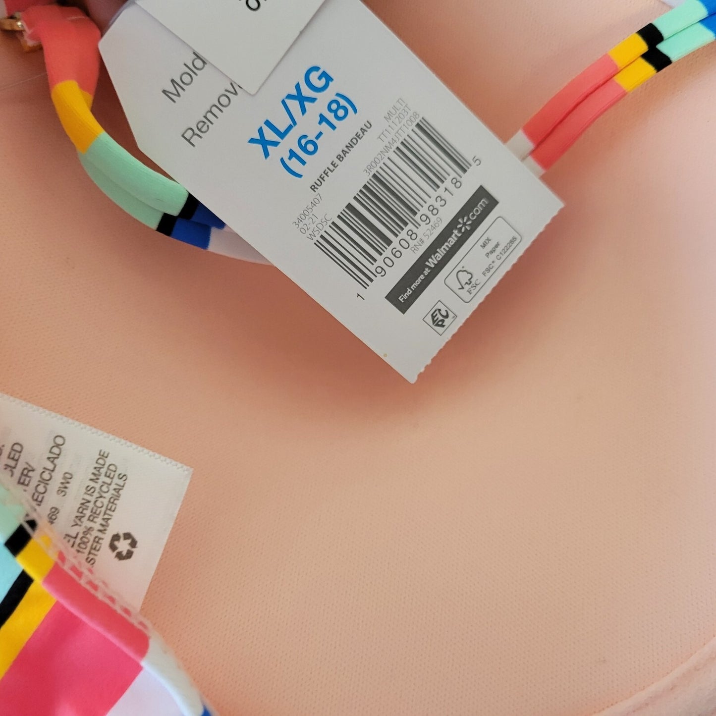 Time Tru Womens Bikini Top XL 16 18 Blue Pink Stripe Ruffle Bra Lightweight