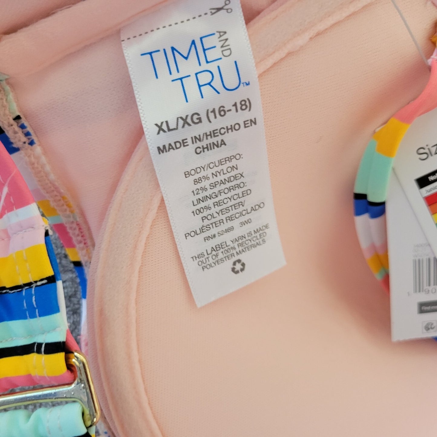 Time Tru Womens Bikini Top XL 16 18 Blue Pink Stripe Ruffle Bra Lightweight