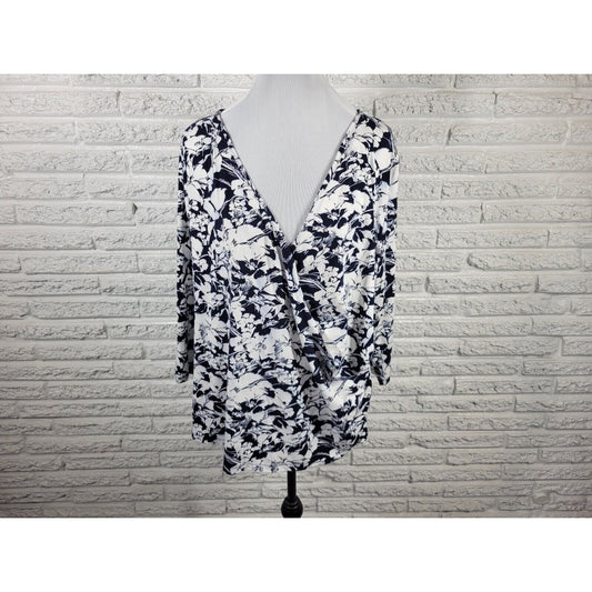 Talbots Womens Top 2X Plus 3/4 Sleeve Blue Floral Rayon Spandex Office Casual