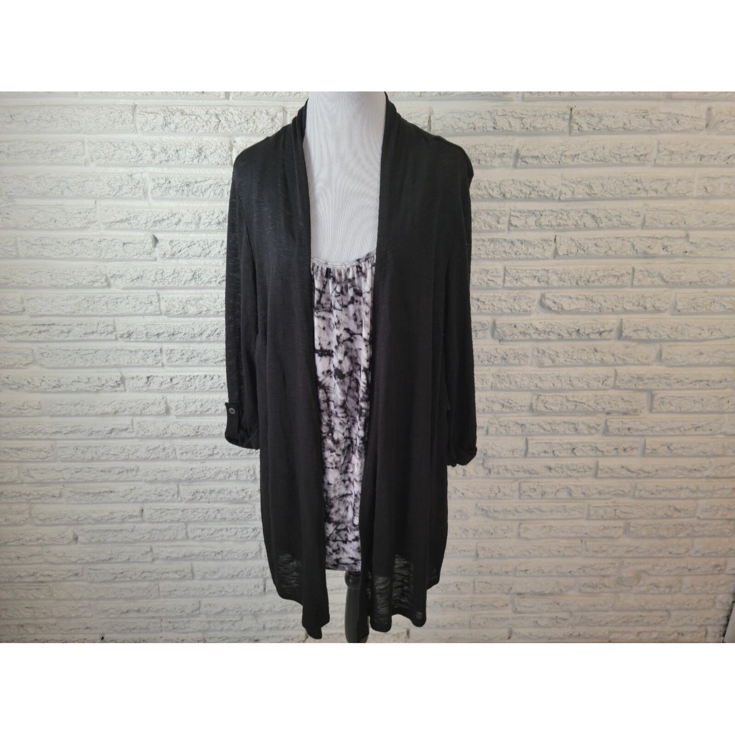 Terra Sky Women Top 2X Plus Pullover Roll Tab Sleeve Black Tie Dye Asymmetric