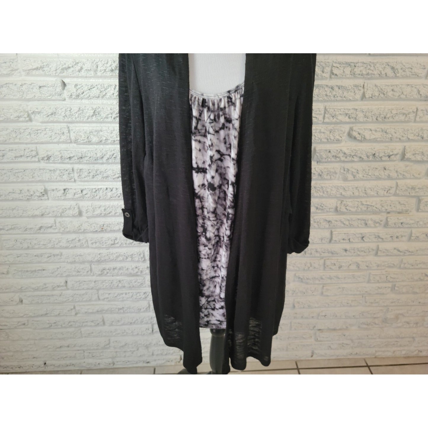 Terra Sky Women Top 2X Plus Pullover Roll Tab Sleeve Black Tie Dye Asymmetric