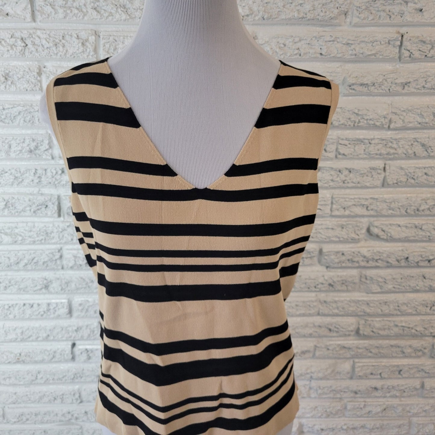 Worthington Womens Top Extra Large XL Sleeveless Black Beige Stripe Knit