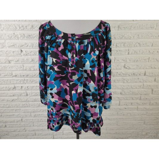 Covington Women Top 26W 28W Plus 3/4 Elastic Sleeve 1/4 Button Purple Watercolor