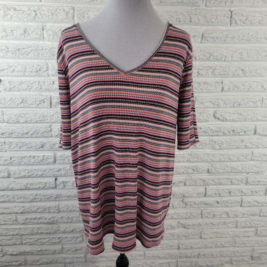 Lane Bryant Womens Top 22 24 Plus Tee Short Sleeve Knit Comfy Pink Black Stripe