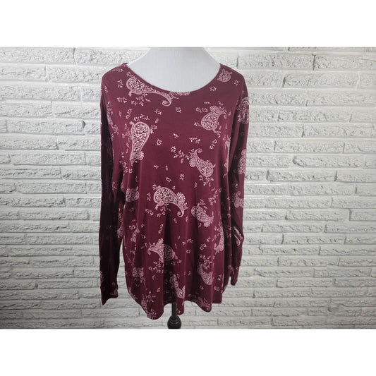 Croft Barrow Women Top 2X Plus Tee Classic Long Sleeve Burgundy Paisley Casual