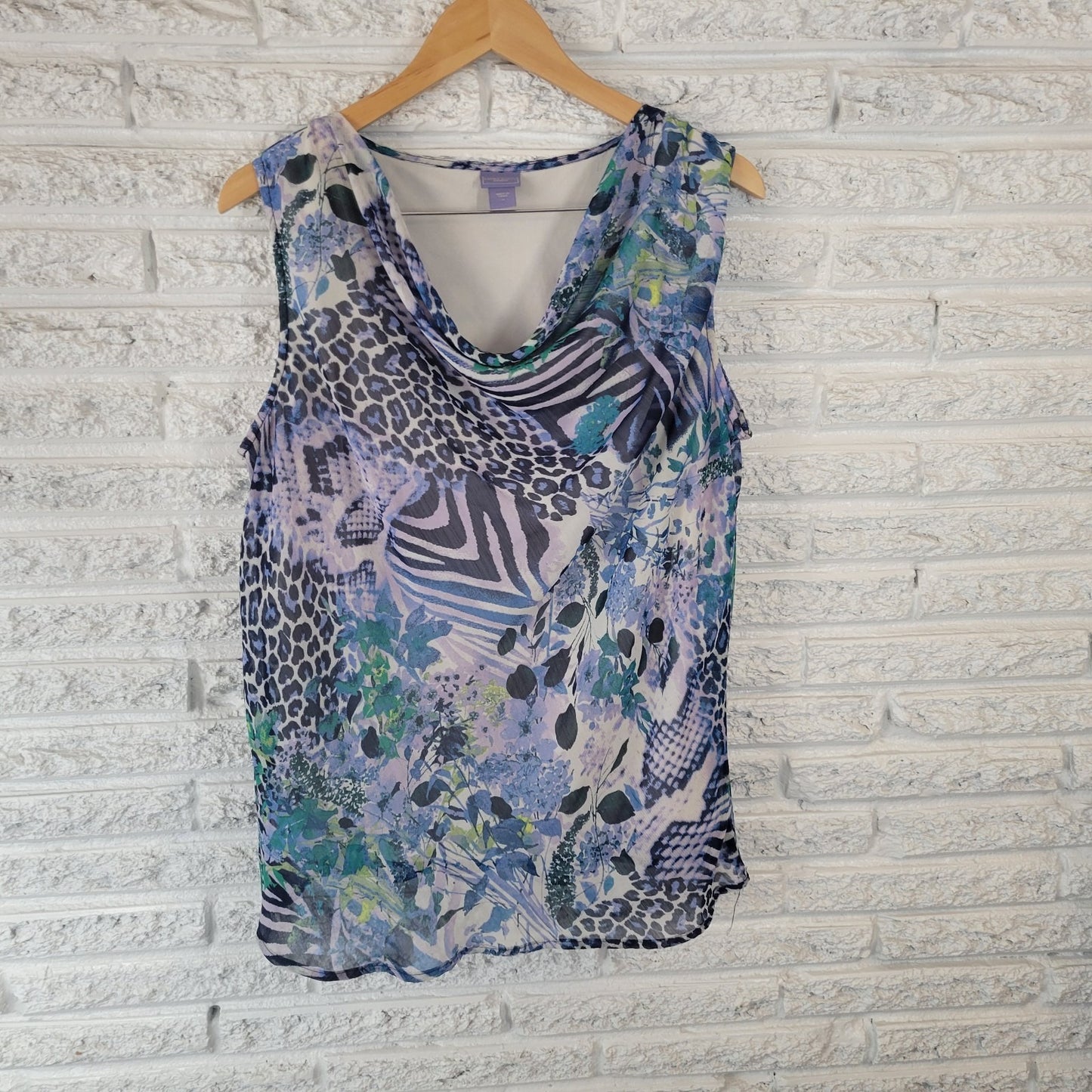 Laura Scott Womens Top 1X Plus Sleeveless Drape Neck Blue Lavender Animal Print