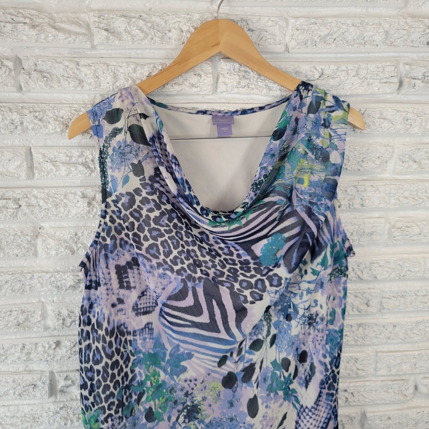 Laura Scott Womens Top 1X Plus Sleeveless Drape Neck Blue Lavender Animal Print