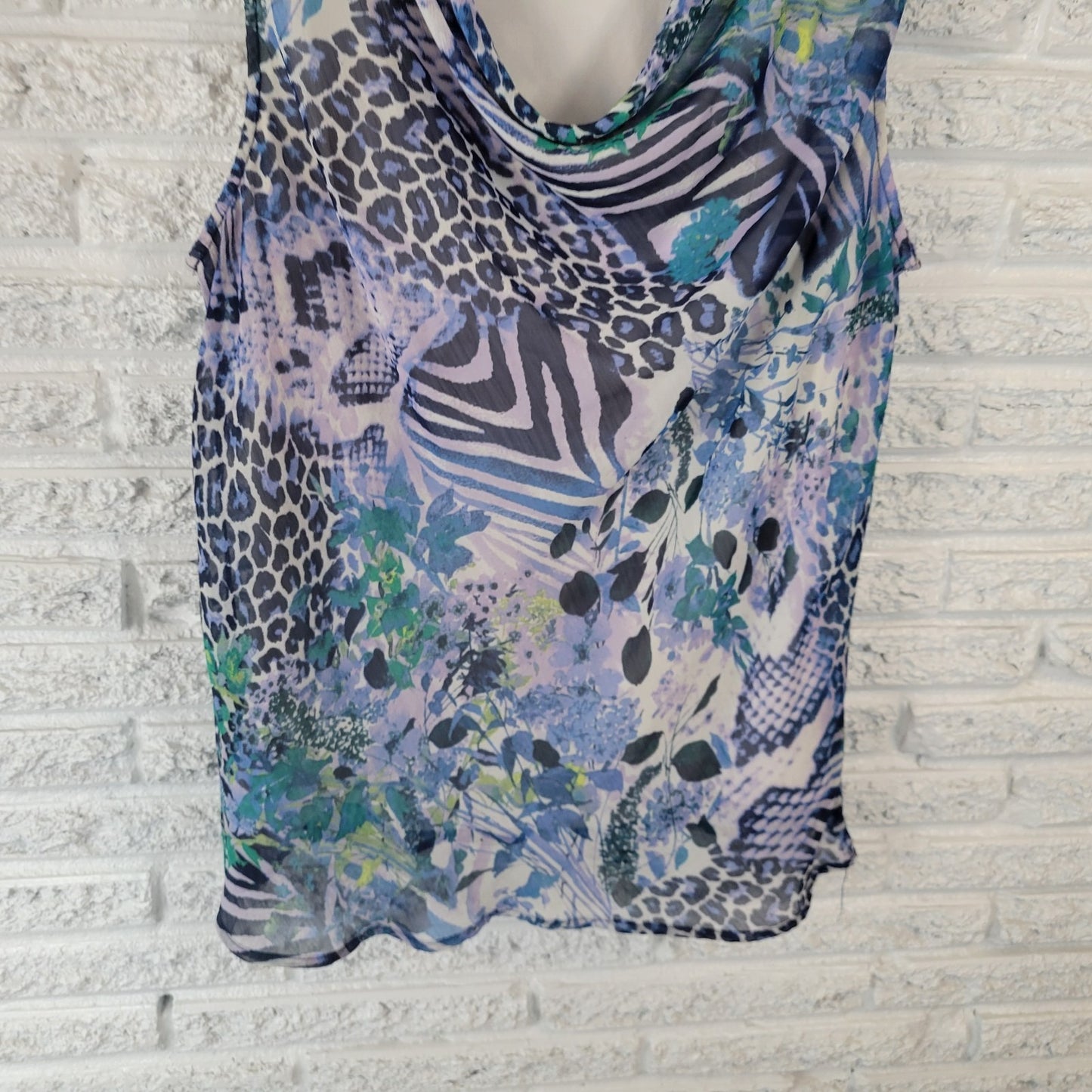 Laura Scott Womens Top 1X Plus Sleeveless Drape Neck Blue Lavender Animal Print