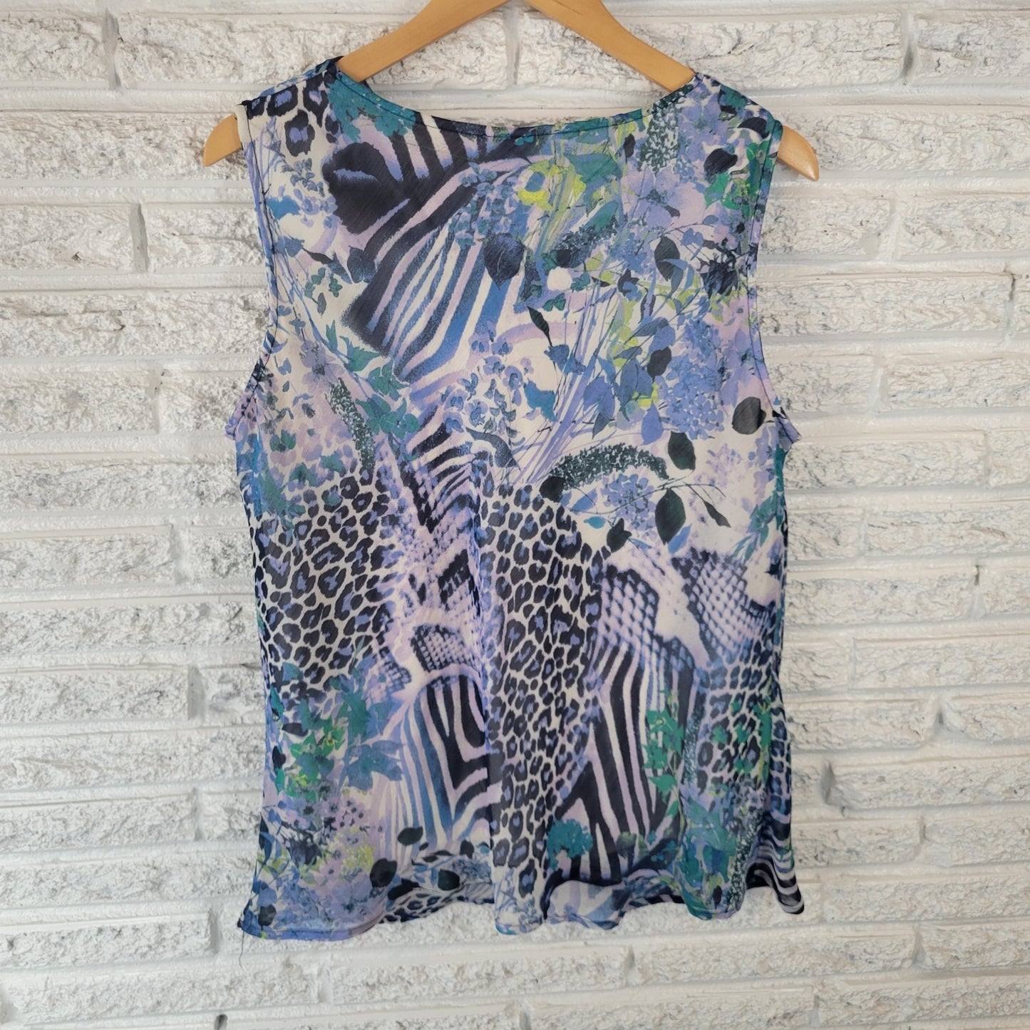 Laura Scott Womens Top 1X Plus Sleeveless Drape Neck Blue Lavender Animal Print