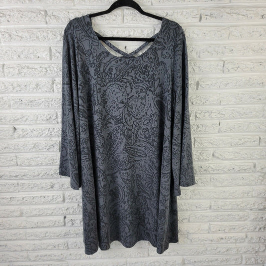 Boutique Women Dress 0X Plus Long Sleeve Gray Paisley Knee Length Lattice Back