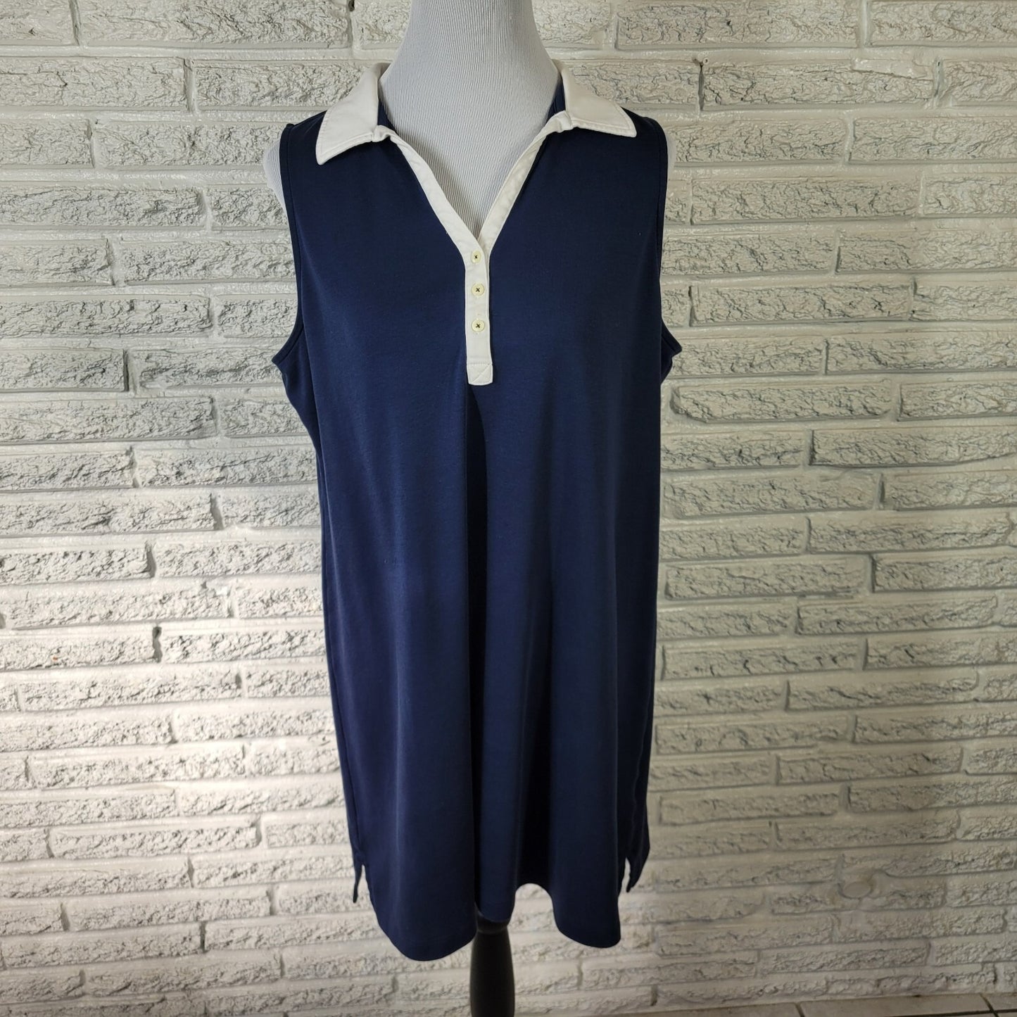 Lands End Women Dress XLP Petite Sleeveless Mini Blue Cotton Collar Comfy Casual