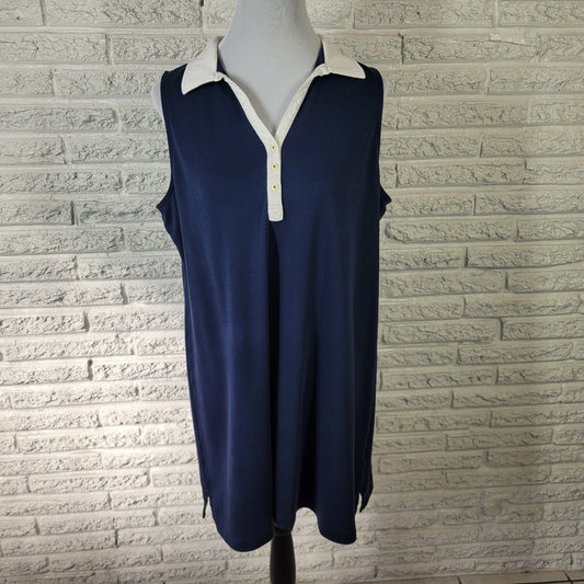 Lands End Women Dress XLP Petite Sleeveless Mini Blue Cotton Collar Comfy Casual