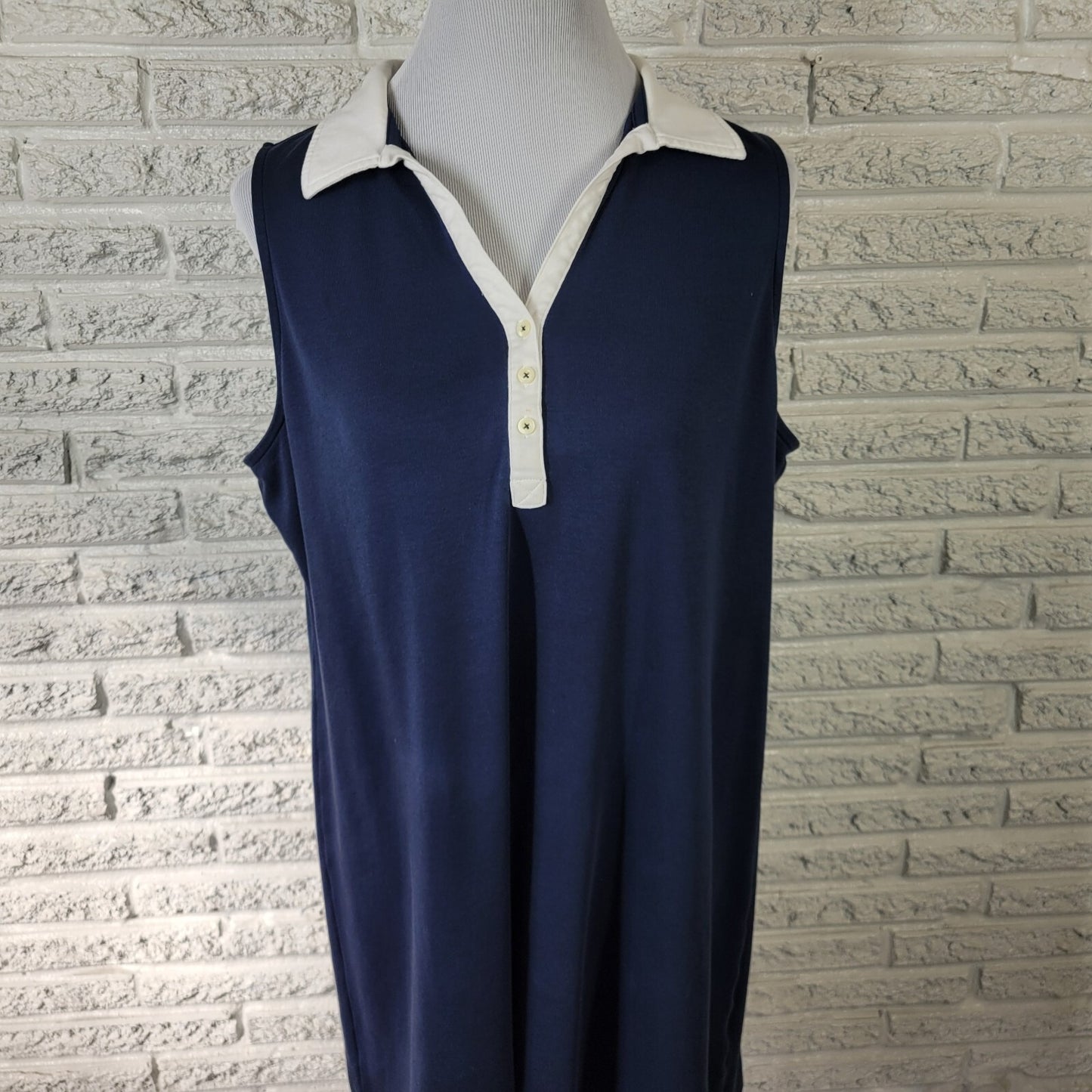 Lands End Women Dress XLP Petite Sleeveless Mini Blue Cotton Collar Comfy Casual
