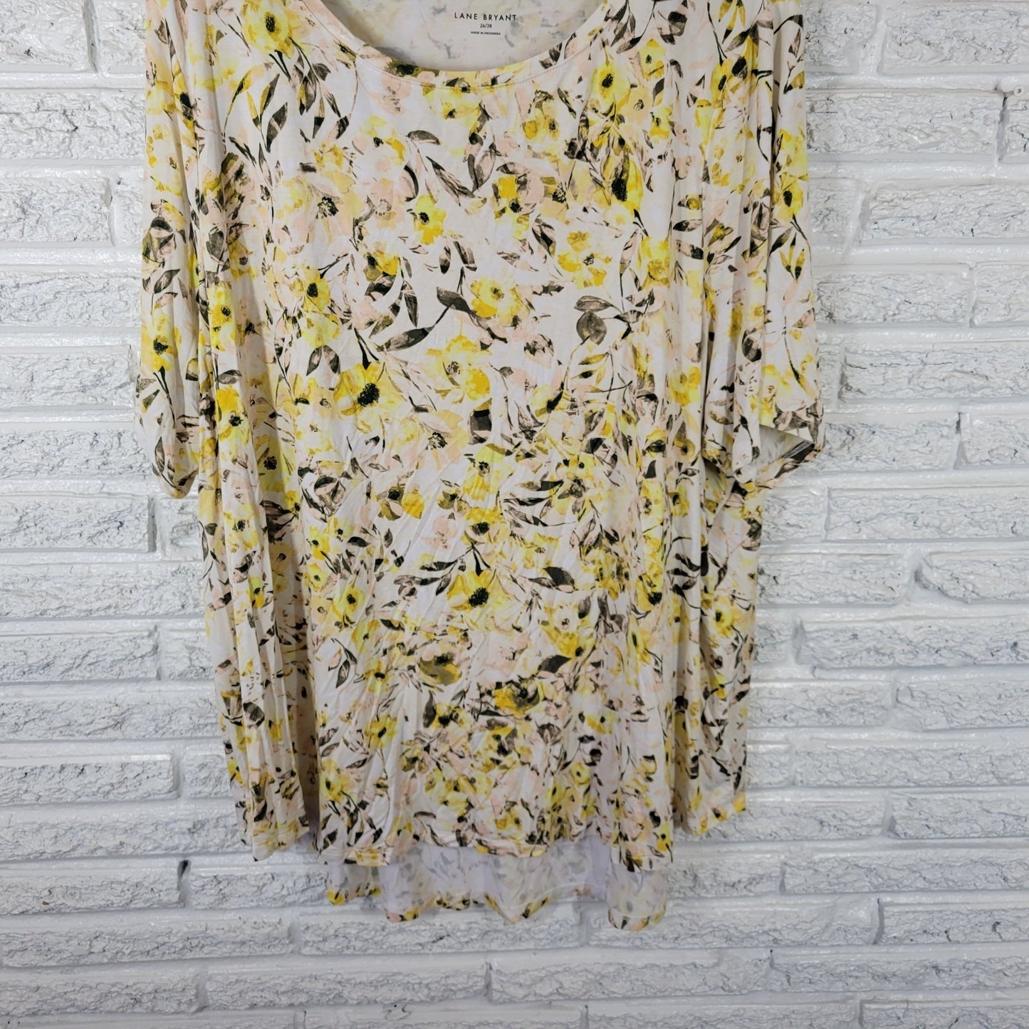 Lane Bryant Womens Top 26 28 Plus Tunic Yellow Floral Rayon Spandex Casual Knit