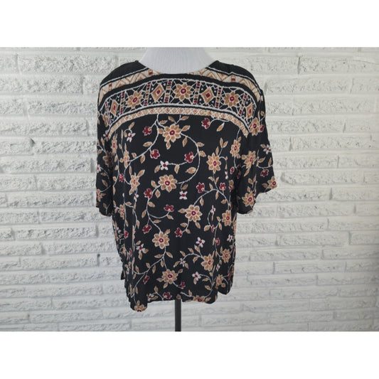 Lee David Womens Top 14W 16W Plus Short Sleeve Keyhole Black Floral Rayon Office