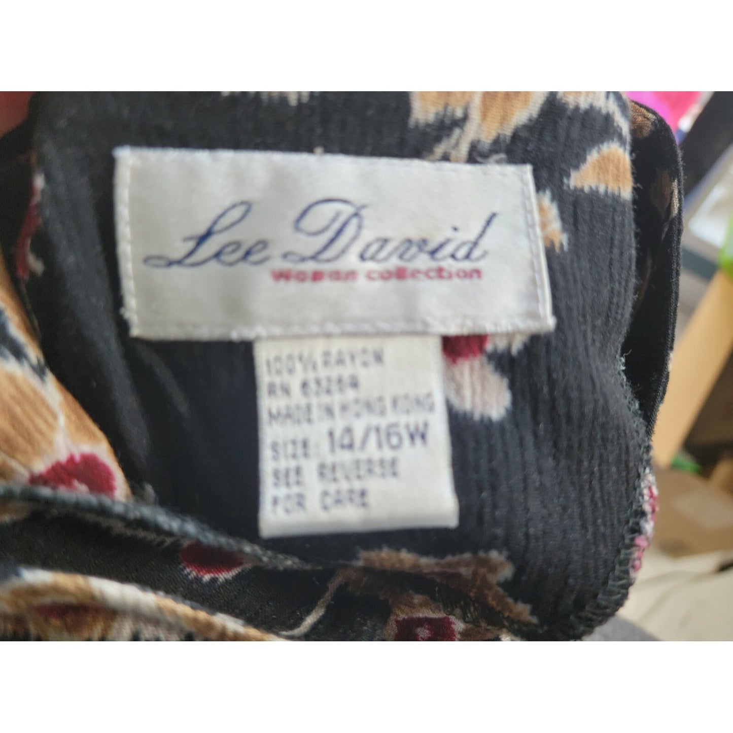 Lee David Womens Top 14W 16W Plus Short Sleeve Keyhole Black Floral Rayon Office