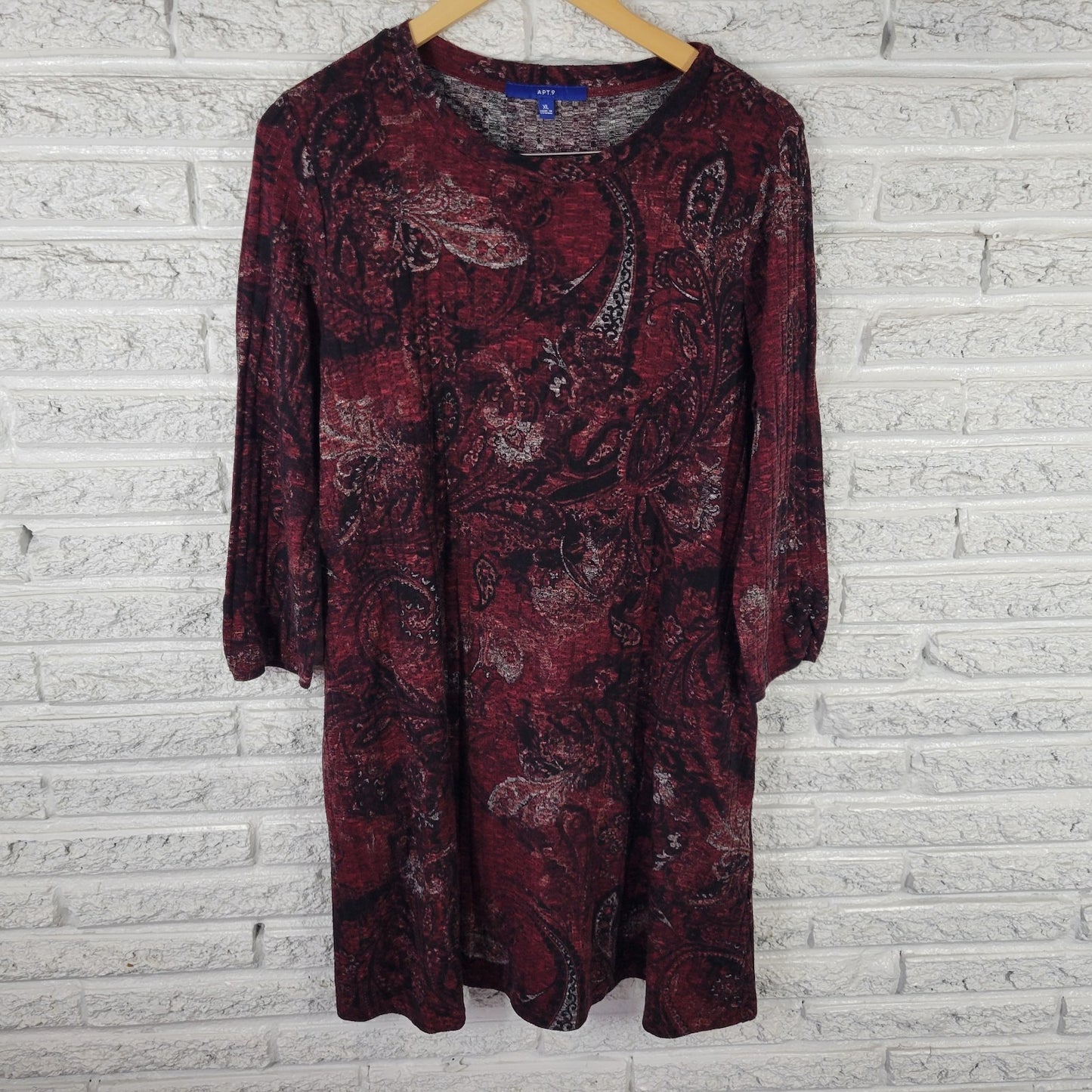 Apt 9 Womens Dress XL Mini Sweater Burgundy Paisley Poly Blend Soft Pockets