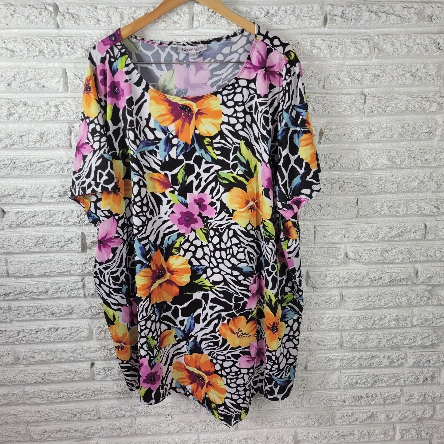 Roamans Women Top 3X Short Sleeve Yellow Floral Poly Blend Career Casual Stretch