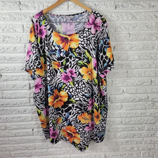 Roamans Women Top 3X Short Sleeve Yellow Floral Poly Blend Career Casual Stretch
