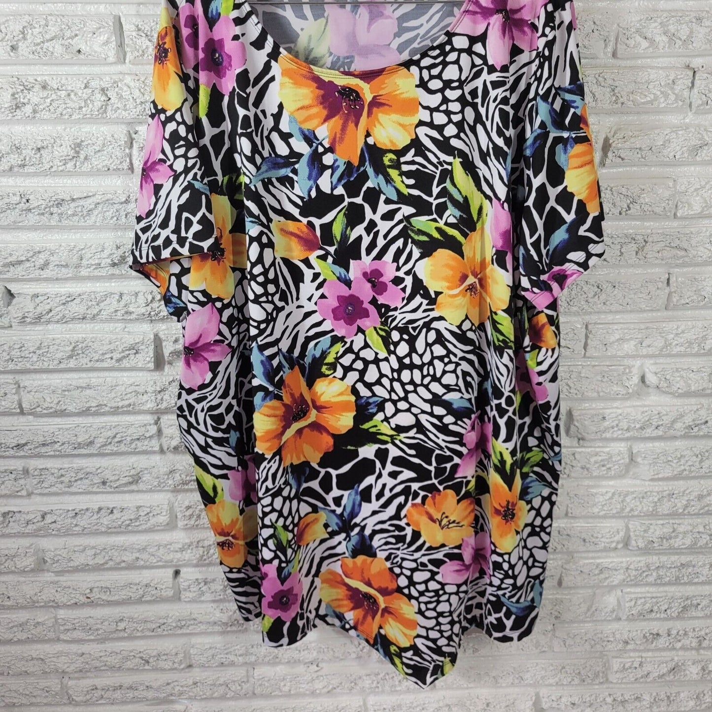 Roamans Women Top 3X Short Sleeve Yellow Floral Poly Blend Career Casual Stretch