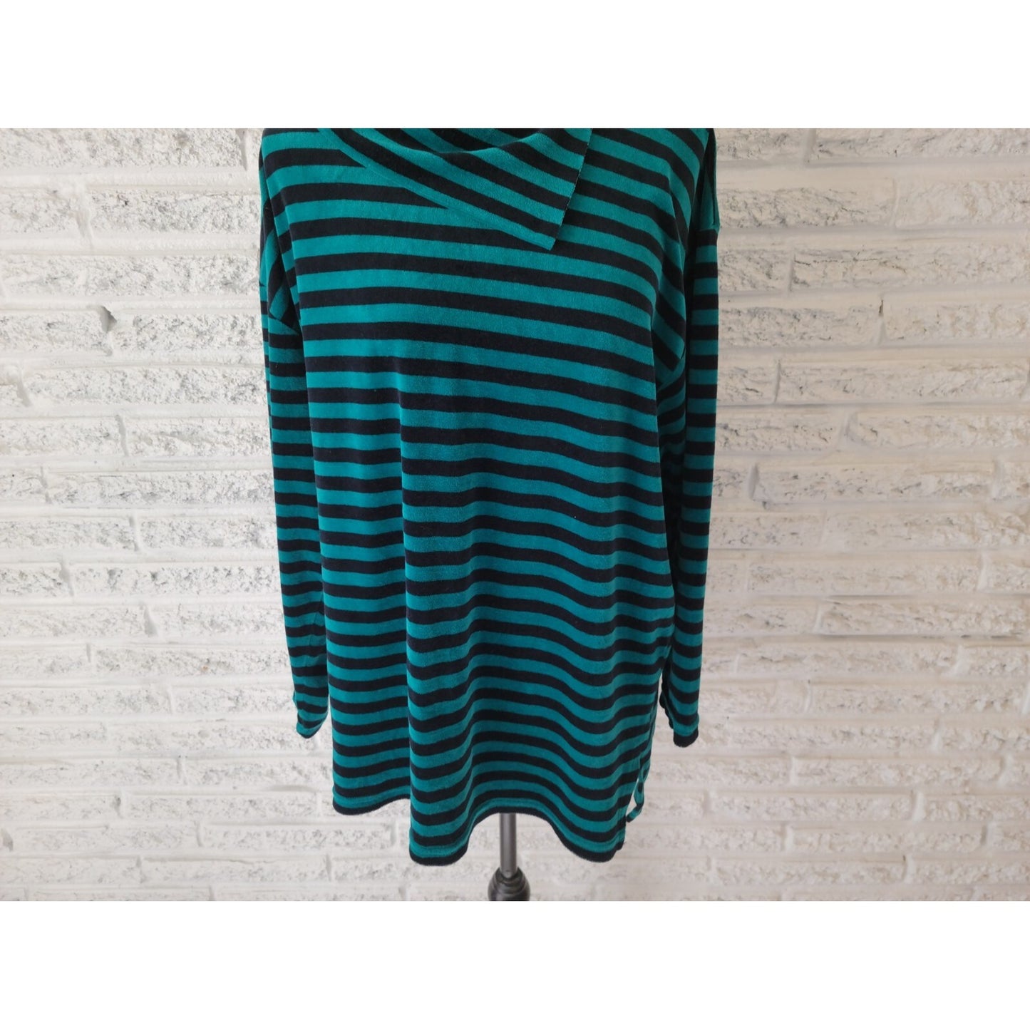Sag Harbor Women Sweater XL Pullover Collar Green Stripe Velour 3/4 Sleeve Comfy