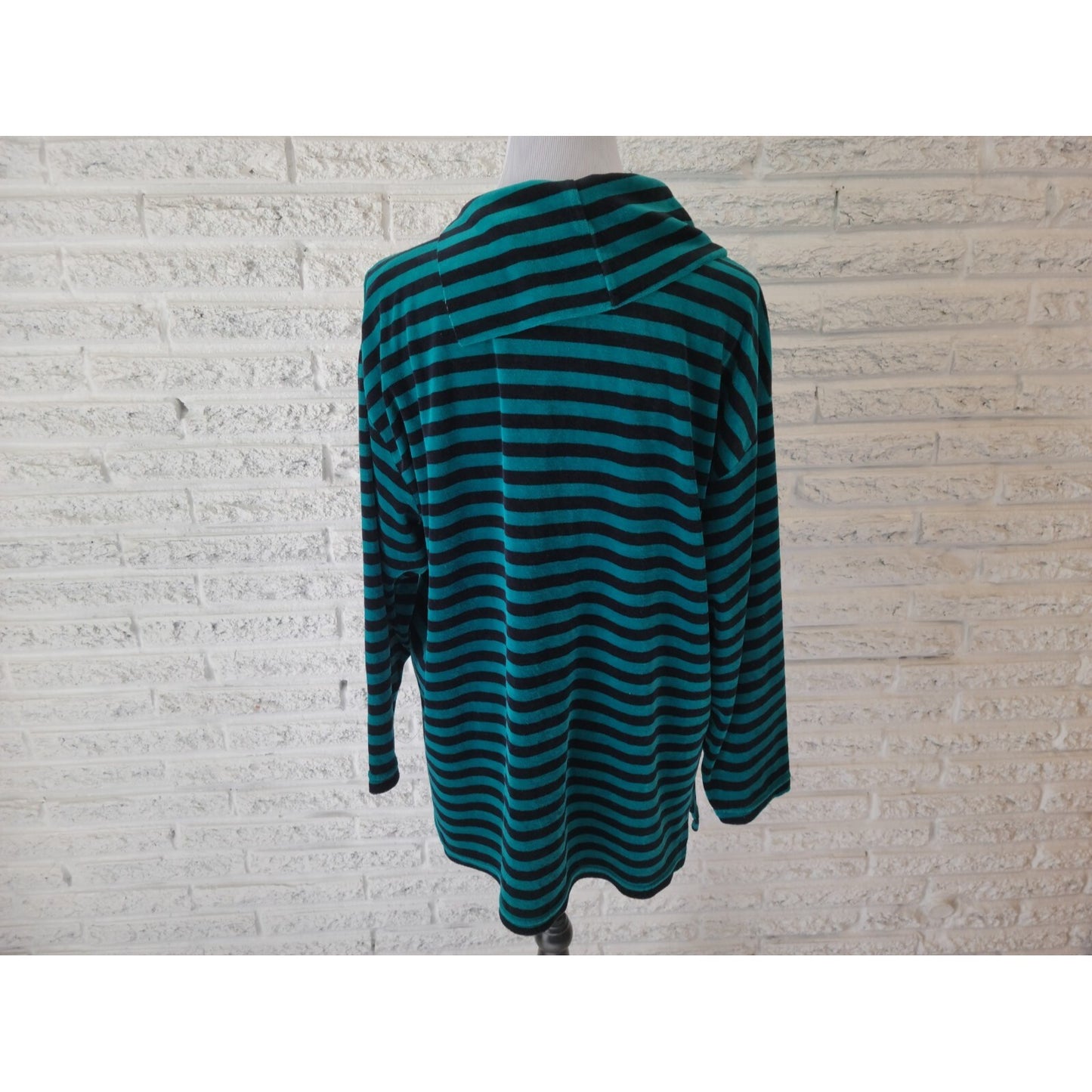 Sag Harbor Women Sweater XL Pullover Collar Green Stripe Velour 3/4 Sleeve Comfy