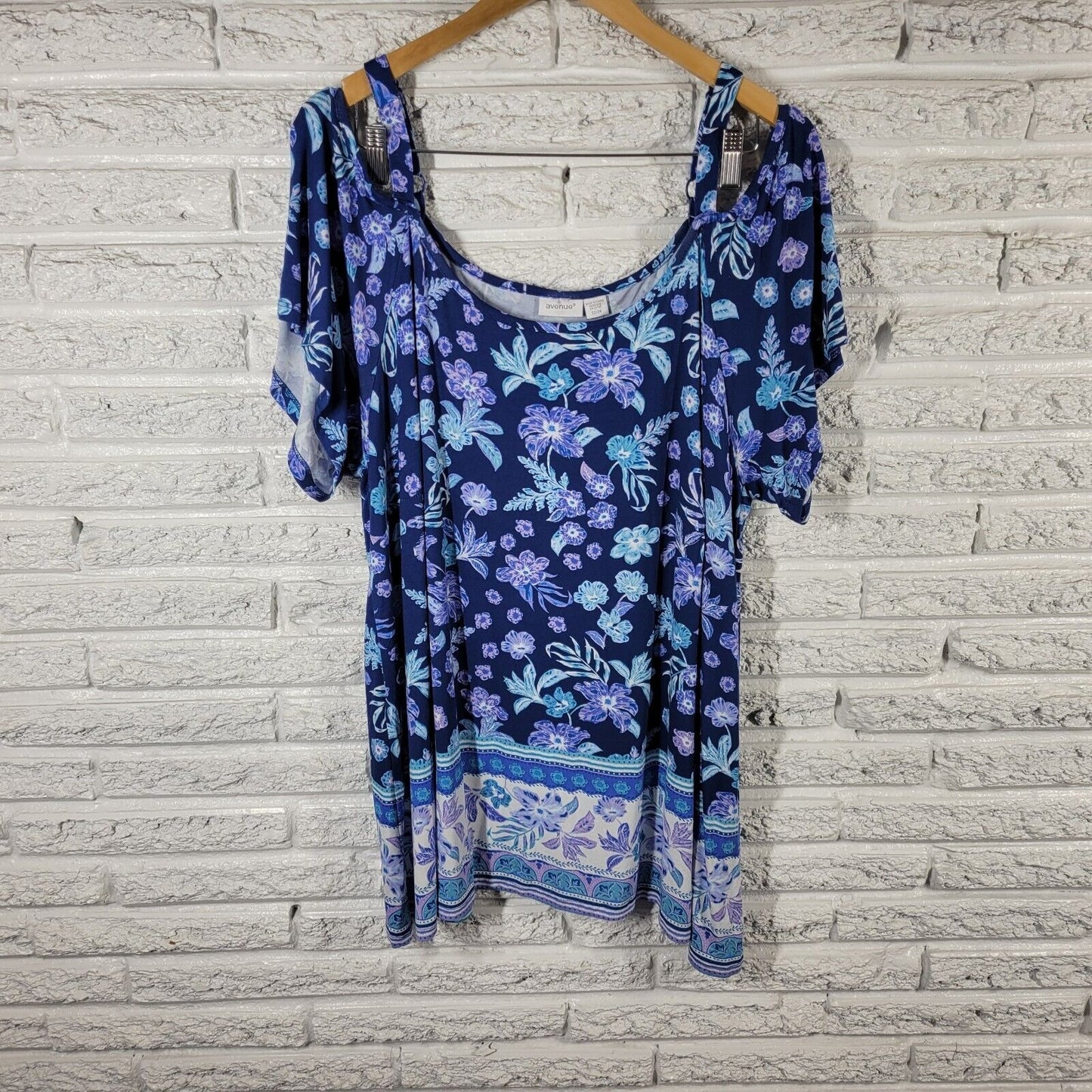 Avenue Womens Top 22 24 Tunic Cold Shoulder Adjustable Strap Blue Floral Comfy