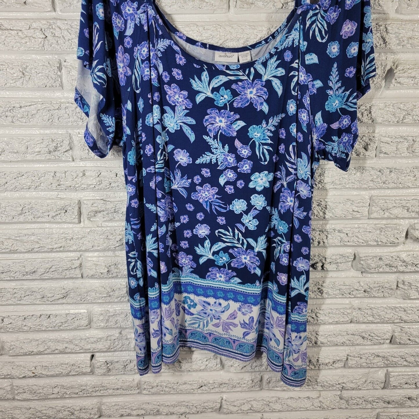 Avenue Womens Top 22 24 Tunic Cold Shoulder Adjustable Strap Blue Floral Comfy