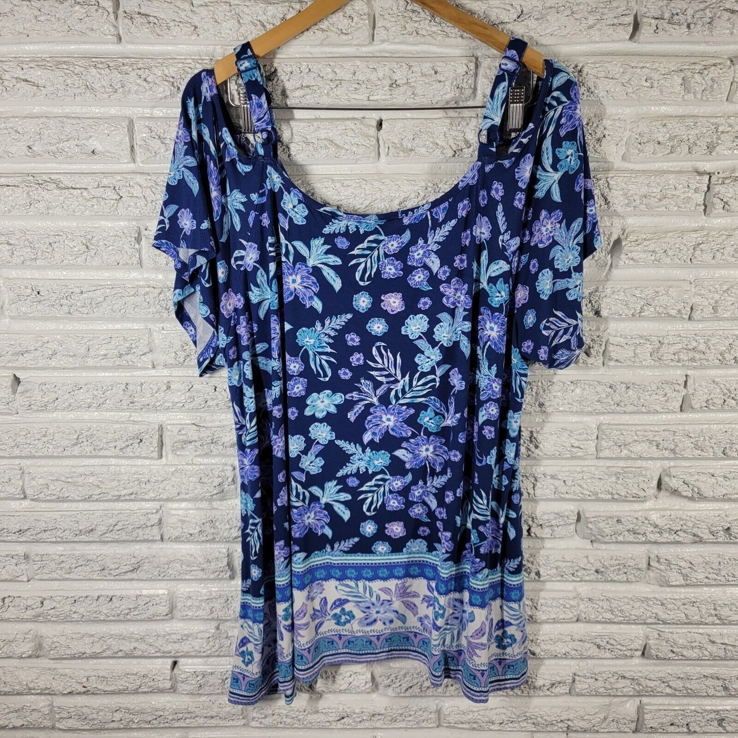 Avenue Womens Top 22 24 Tunic Cold Shoulder Adjustable Strap Blue Floral Comfy