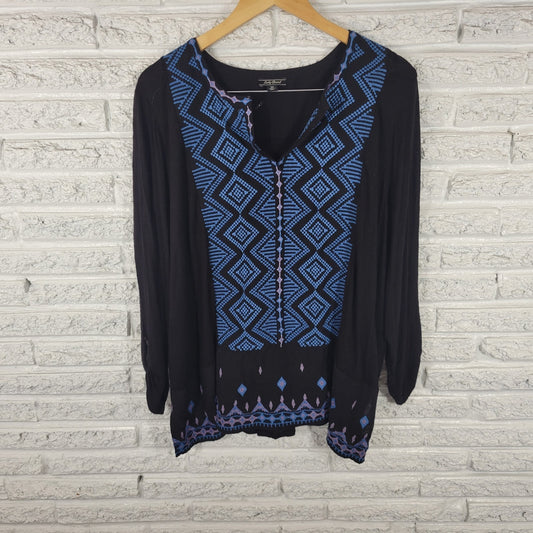 Lucky Brand Womens Top 3X Plus Tunic Roll Tab Sleeve Blue Geometric Embroidered