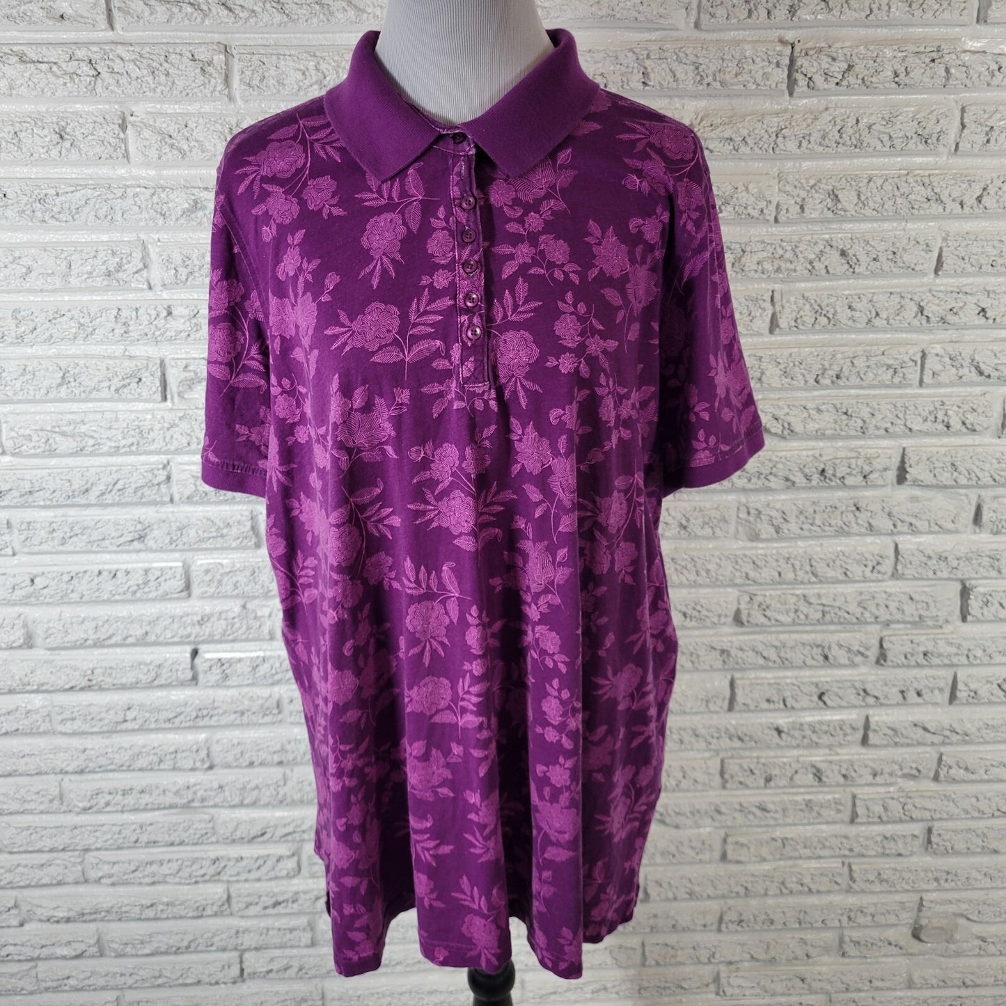 Woman Within Women Top 2X Plus Polo Short Sleeve Purple Floral Cotton Side Slits