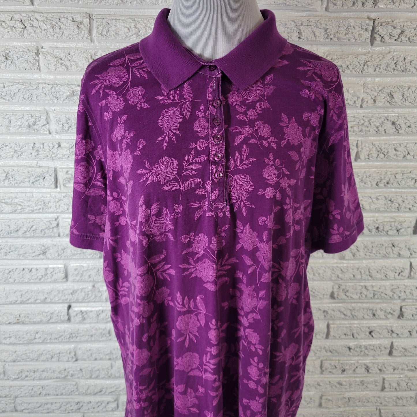 Woman Within Women Top 2X Plus Polo Short Sleeve Purple Floral Cotton Side Slits
