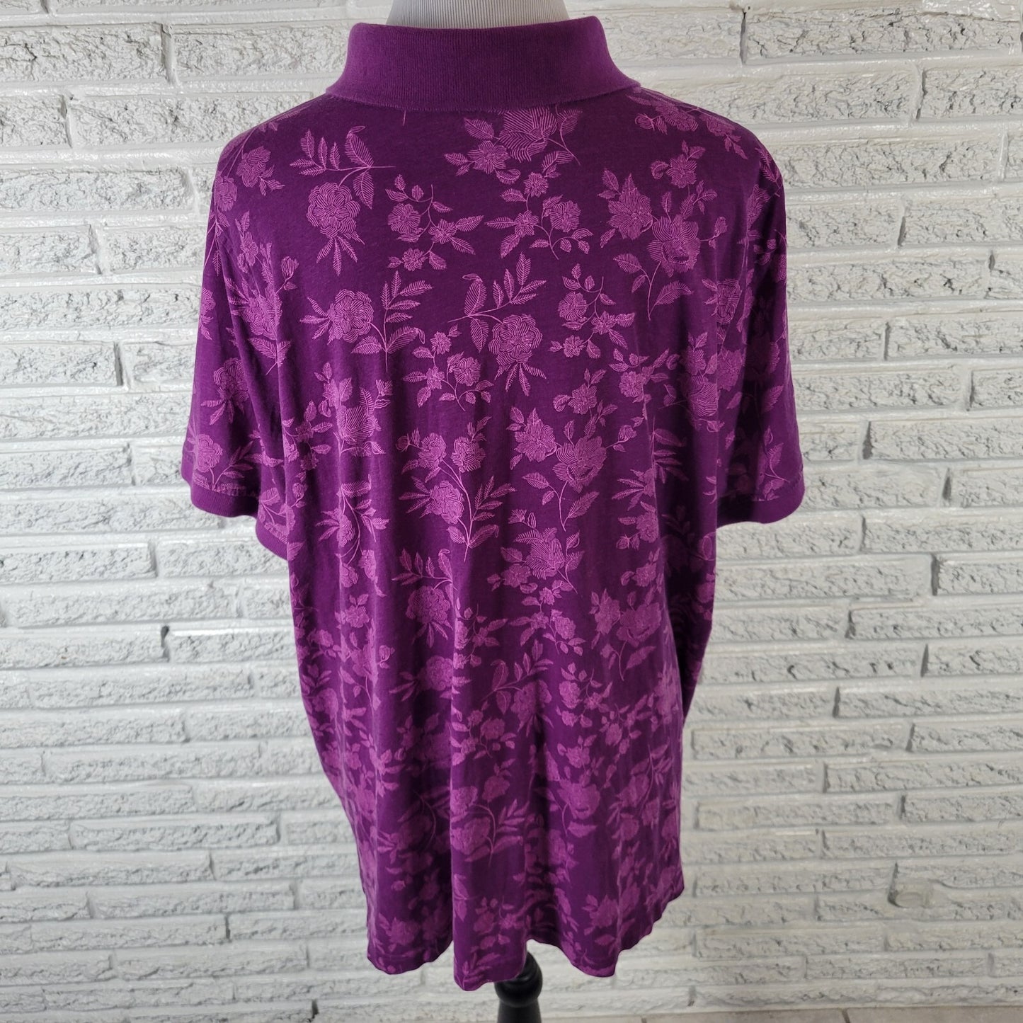 Woman Within Women Top 2X Plus Polo Short Sleeve Purple Floral Cotton Side Slits