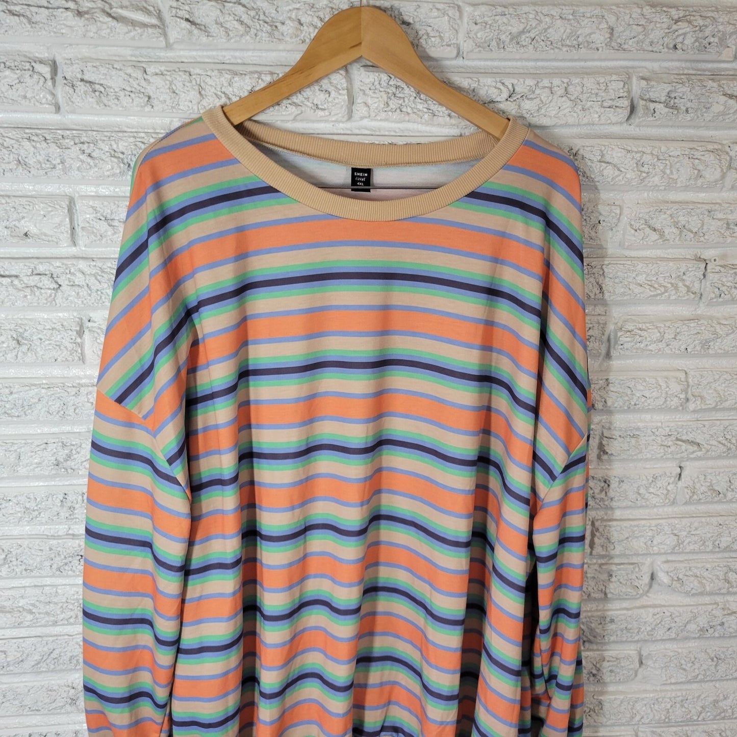 Shein Curve 4XL Plus Size Top Orange Blue Striped Long Sleeve Jersey Tee Stretch