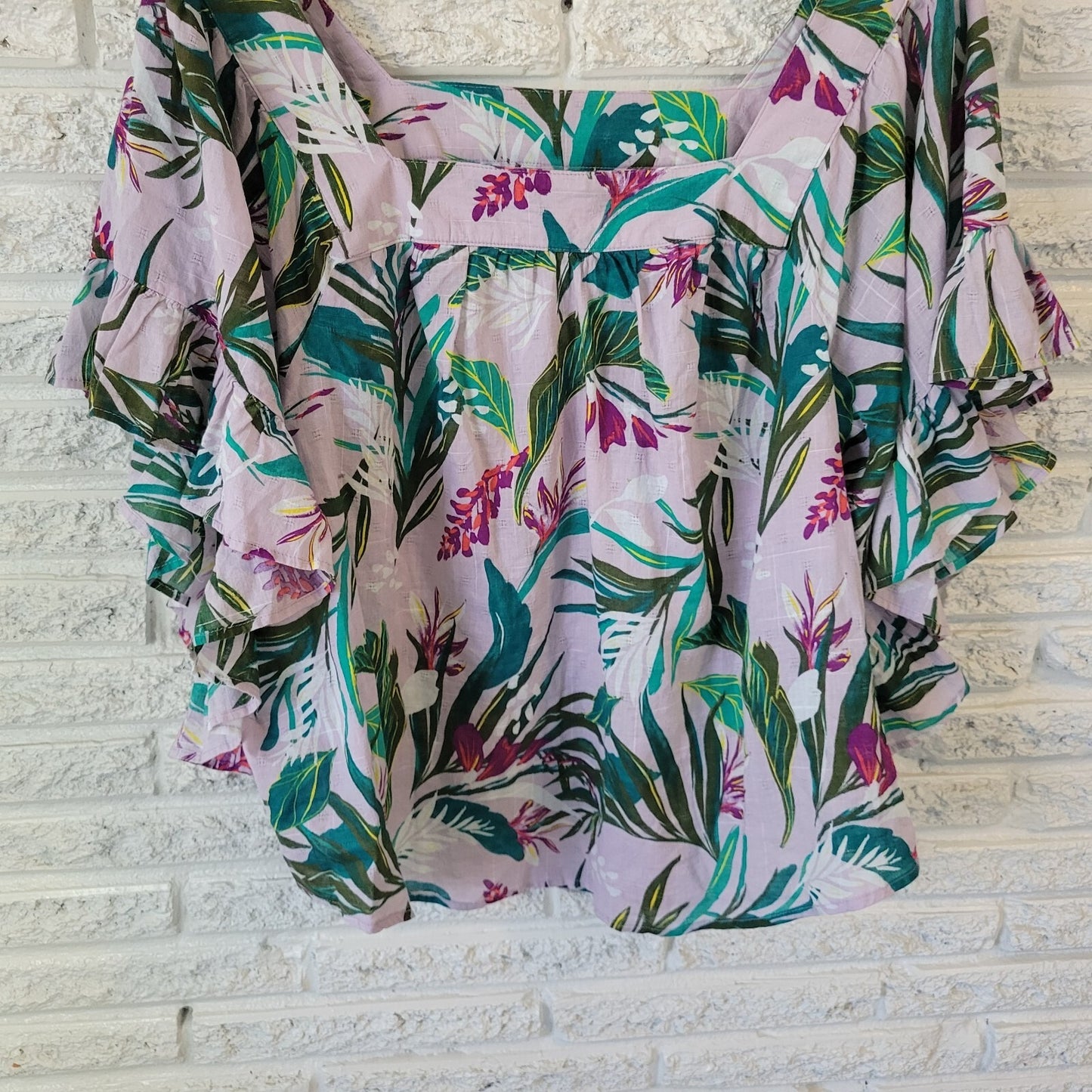 Terra Sky Womens Top 2X Plus Bell Sleeve Green Pink Floral Lightweight Cotton